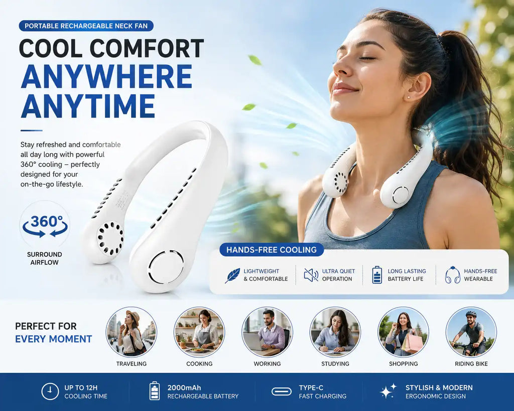 Portable Neck Fan – Rechargeable Hands Free Summer Cooling fan