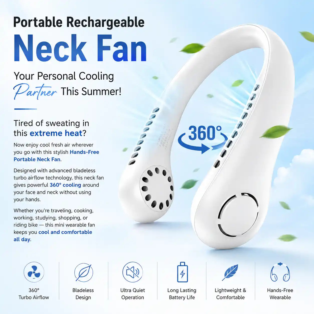 Portable Neck Fan – Rechargeable Hands Free Summer Cooling fan